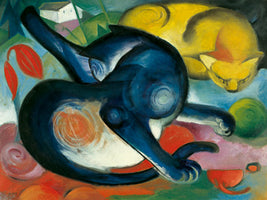 Zwei Katzen, blau und gelb